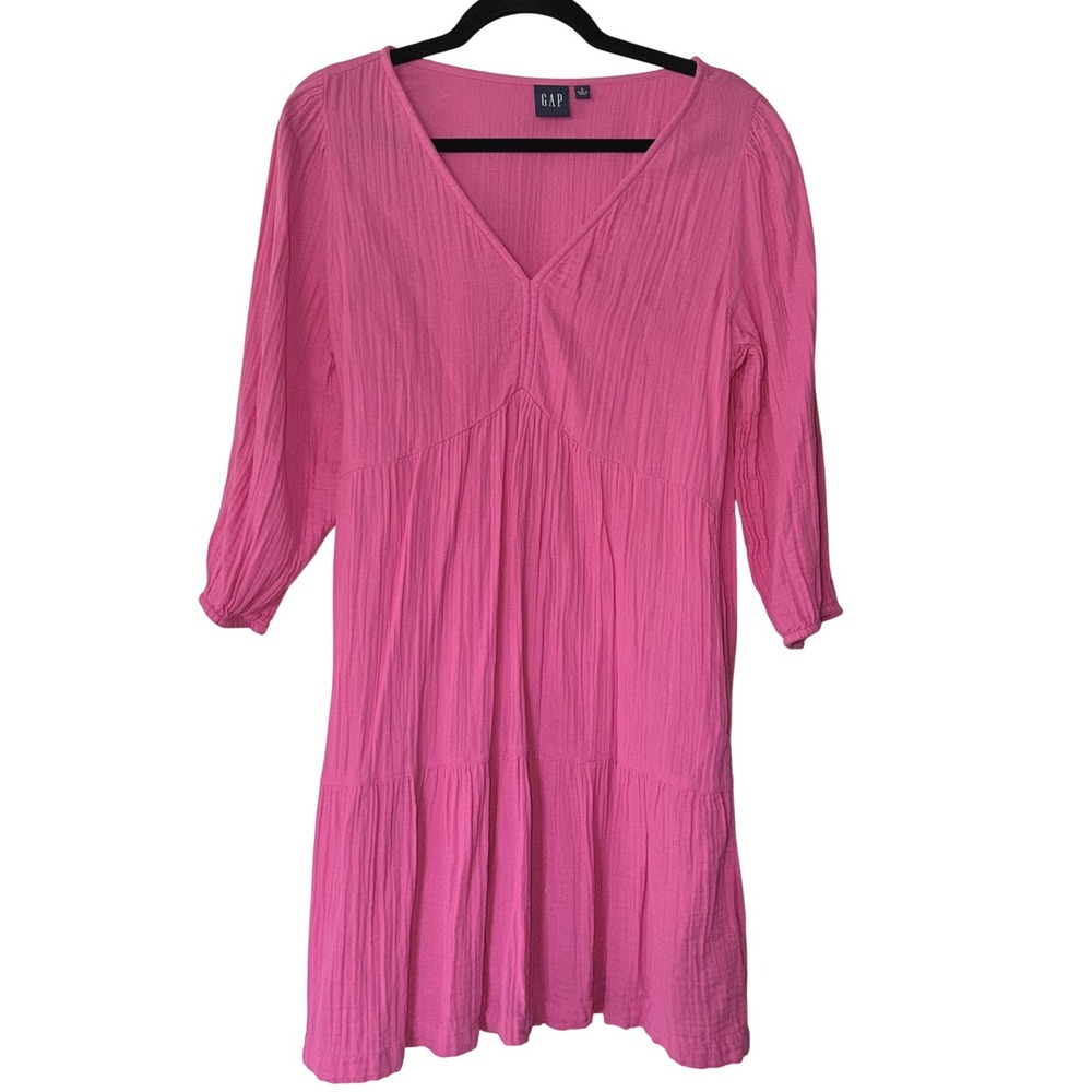 Gap Womens Pink‎ Cotton Gauze Tiered V-Neck Mini Dress 3/4 Sleeve Small